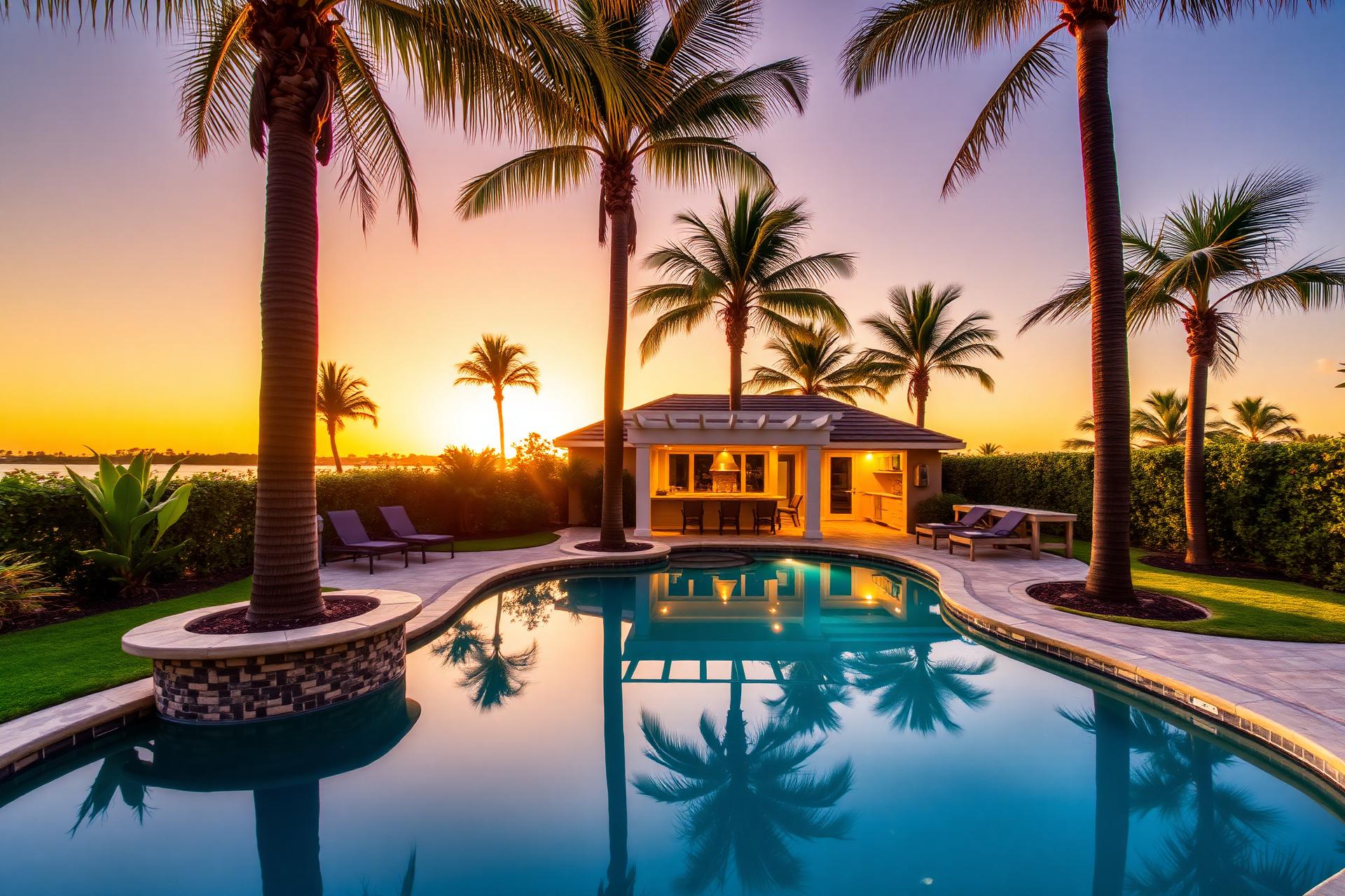 Luxury tropical backyard at sunset